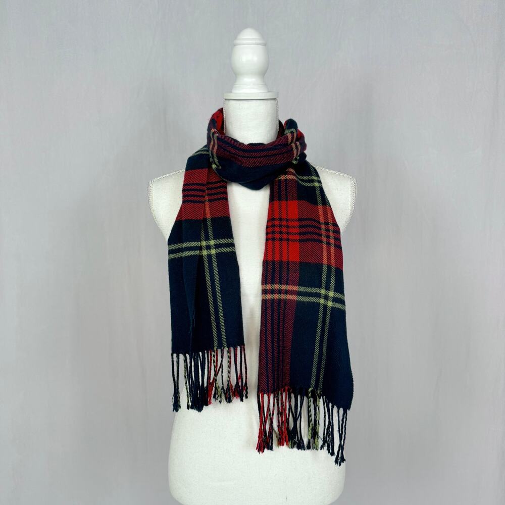 Old Navy Plaid Fringe Scarf Soft Cozy Navy Red, One Size